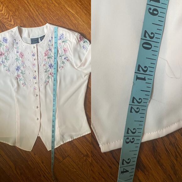 Vintage Laura Scott Pink Floral Blouse 90s Embroidered Pearl Button Top Sz 12 - Picture 11 of 17